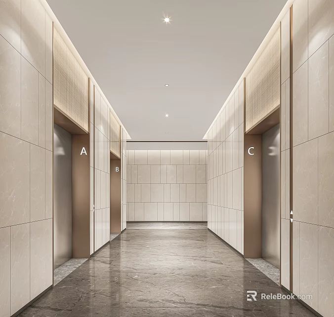 Modern Elevator Lobby With Light Tiled Walls And Marble Floor Design 3d model 