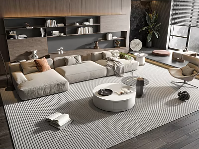 Modern Living Room Sofa Coffee Table Combination With L Shaped Sectional Round Table Area Rug And Bookshelf 3d model