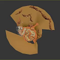 Orange Textured 3D Earth Model with Cut Section and White Details on Gray Background