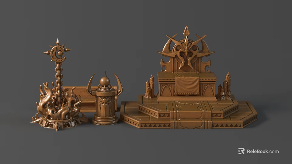 Ornate Sculptural Artworks Featuring Throne Decorative Pillars Intricate Patterns And Golden Finish 3d model 