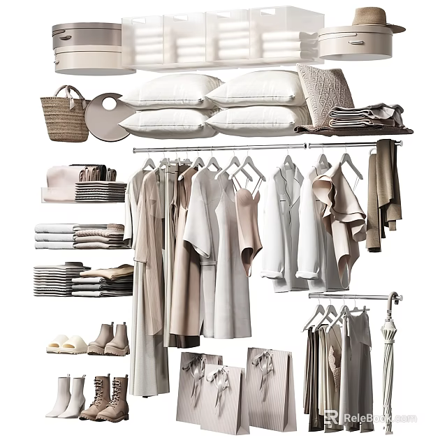 Modern Stylish Clothes on Hangers With Folded Apparel Shoes And Accessories 3d model 