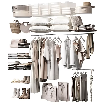 Modern Stylish Clothes on Hangers With Folded Apparel Shoes And Accessories 3d model