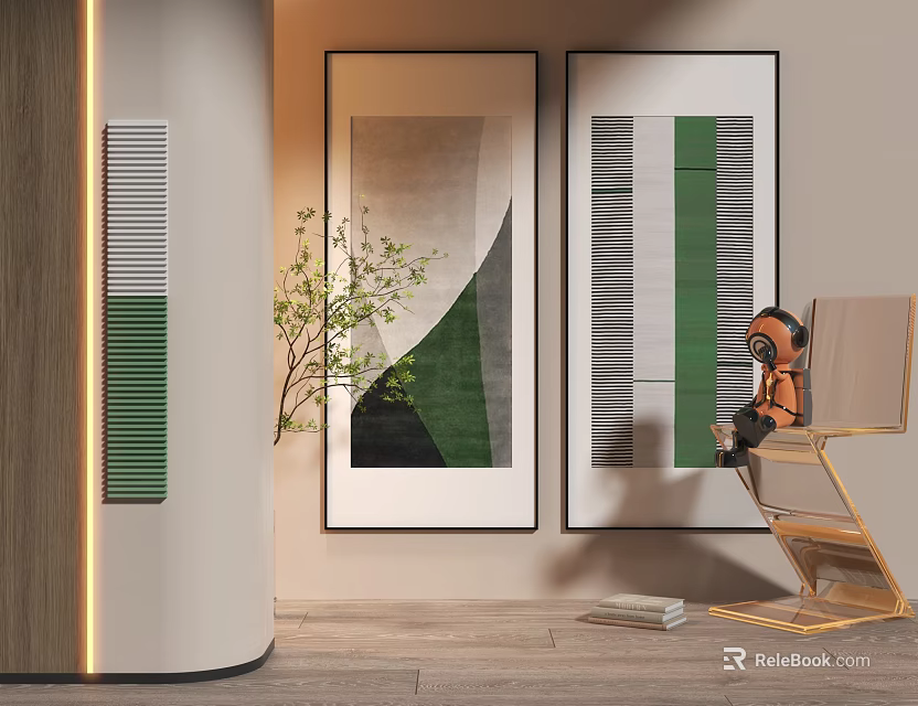 Two Modern Abstract Paintings In Interior With Green Grey Stripes And Geometric Patterns 3d model
