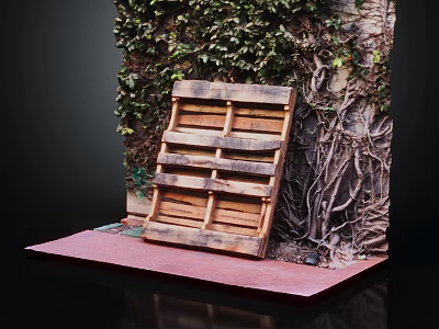 Wooden Pallet Leaning Against Ivy Covered Wall On Red Stone Floor 3d model