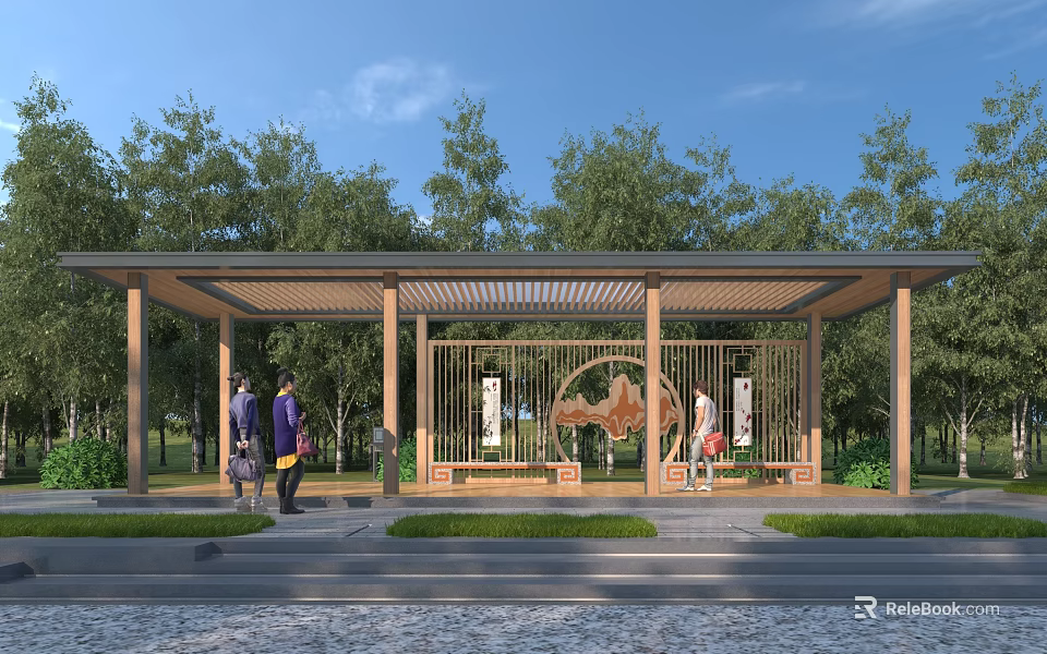 Outdoor Wooden Pergola Featuring Decorative Screens and Lush Green Trees With People Walking 3d model 