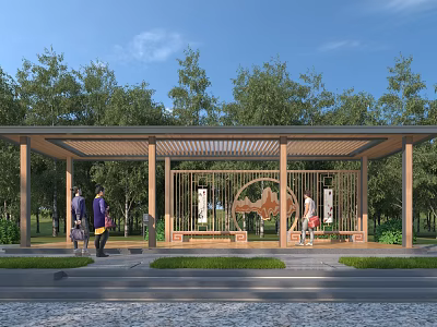 Outdoor Wooden Pergola Featuring Decorative Screens and Lush Green Trees With People Walking 3d model