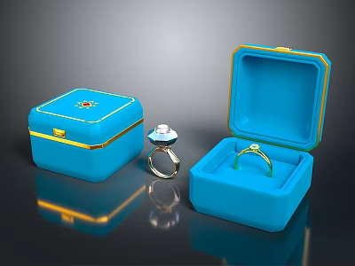 Blue Jewelry Boxes With Open Closed Cases And Diamond Rings 3d model