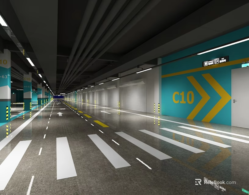 Spacious Underground Parking Lot With C10 Zone Blue Yellow Walls And Lane Markings 3d model 