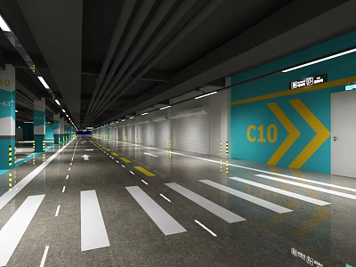 Spacious Underground Parking Lot With C10 Zone Blue Yellow Walls And Lane Markings 3d model