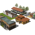 Multiple House Designs With Different Roof Styles And Garden Elements 3d model