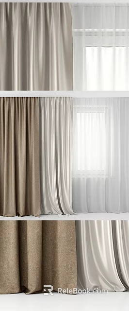 Layered Beige Brown And White Curtains With Sheer Linen Fabric For Room Decor 3d model 