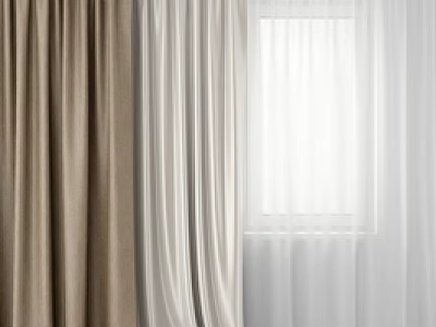 Layered Beige Brown And White Curtains With Sheer Linen Fabric For Room Decor 3d model