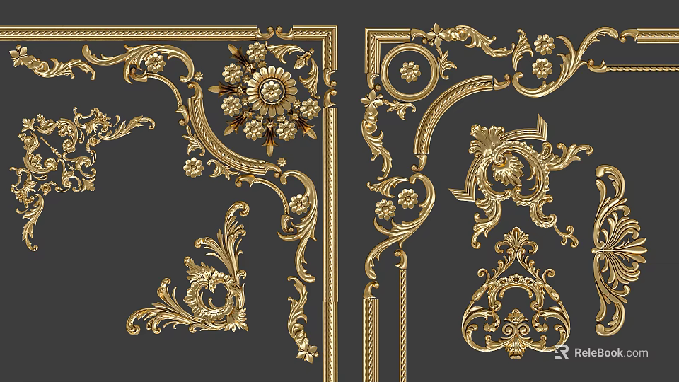 Golden European Style Detailed Decorative Carvings With Floral Vines And Patterns 3d model 