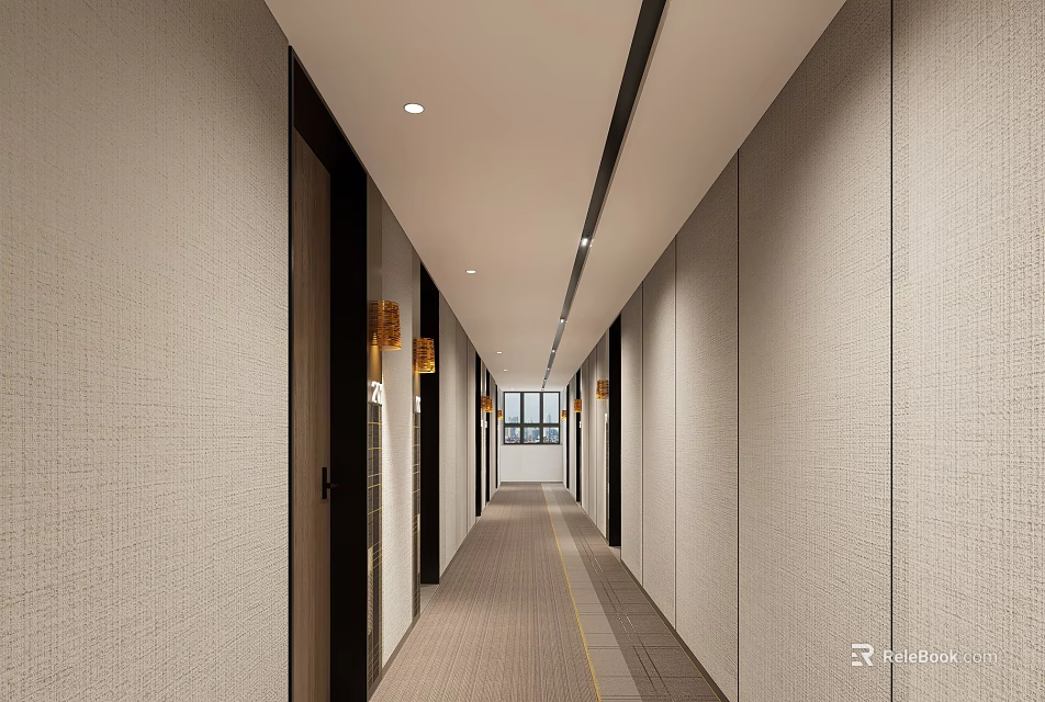 Elegant Hotel Corridor With Beige Walls Ceiling Lights Wooden Doors And Carpeted Flooring 3d model 
