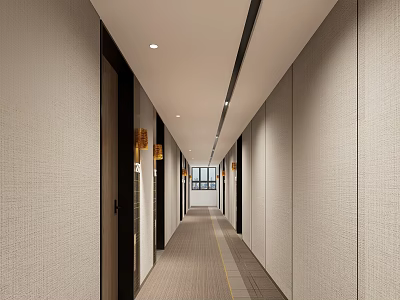 Elegant Hotel Corridor With Beige Walls Ceiling Lights Wooden Doors And Carpeted Flooring 3d model