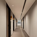 Elegant Hotel Corridor With Beige Walls Ceiling Lights Wooden Doors And Carpeted Flooring