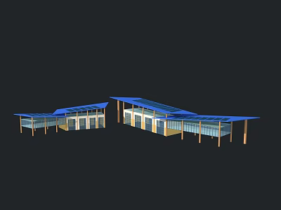 Modern Building Structure With Blue Roof Glass Walls And Support Columns 3d model