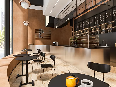 Modern Café Interior Design With Black Tables Chairs Brown Walls Metallic Counter And Hanging Lights 3d model