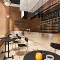 Modern Café Interior Design With Black Tables Chairs Brown Walls Metallic Counter And Hanging Lights