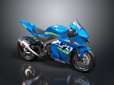 Blue Suzuki Sporty Motorcycle With Streamlined Body Green Red Stripes And Black Wheels 3d model