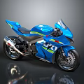 Blue Suzuki Sporty Motorcycle With Streamlined Body Green Red Stripes And Black Wheels