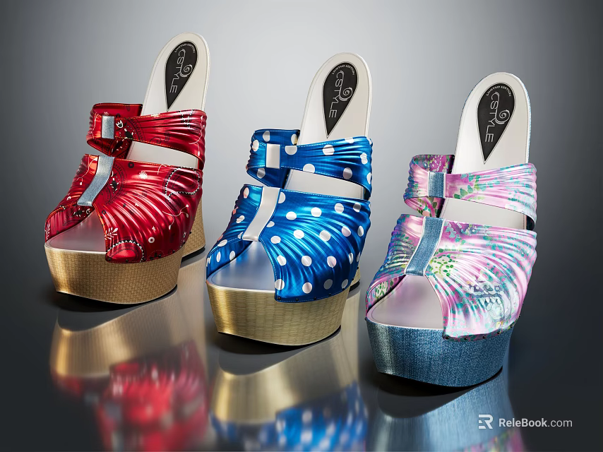 Colorful Platform Sandals With Red Blue Polka Dots And Decorative Straps 3d model 