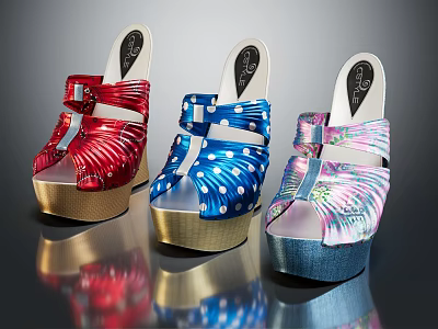 Colorful Platform Sandals With Red Blue Polka Dots And Decorative Straps 3d model