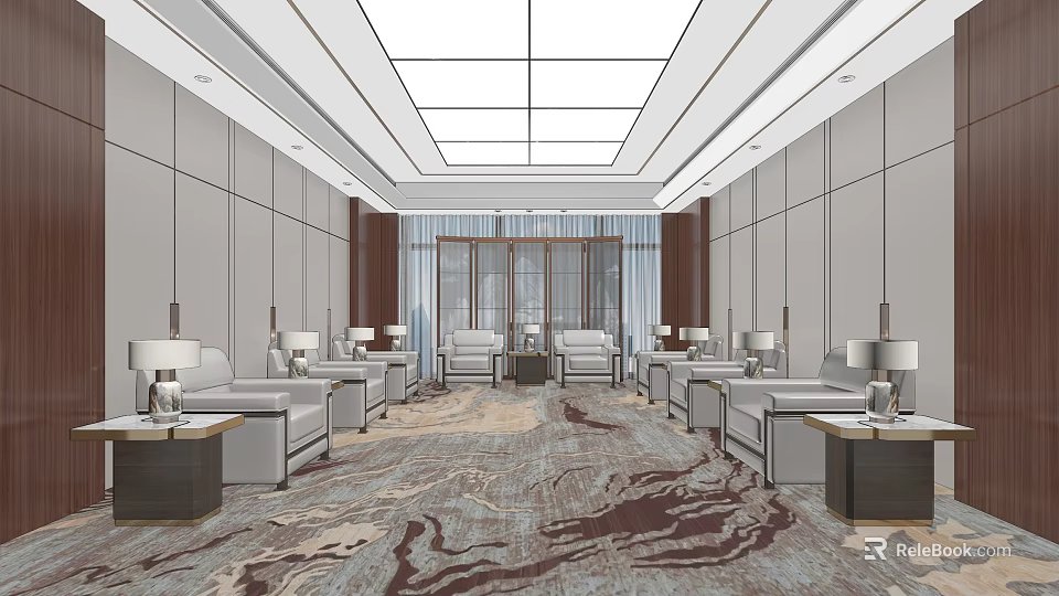 Modern Hotel Public Lounge Area With Comfortable Sofas Large Windows And Patterned Carpet 3d model