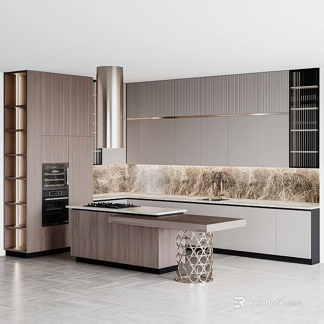 Modern Kitchen Featuring Wooden And Gray Cabinets Marble Countertop Island And Range Hood 3d model 