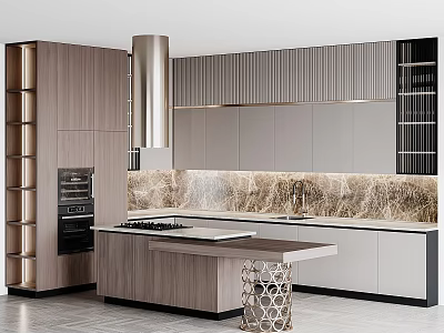 Modern Kitchen Featuring Wooden And Gray Cabinets Marble Countertop Island And Range Hood 3d model