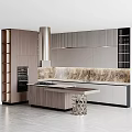 Modern Kitchen Featuring Wooden And Gray Cabinets Marble Countertop Island And Range Hood