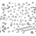 Various Mechanical Parts Collection Including Gears Wrenches Bolts and Nuts on White Surface