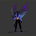 3D Fantasy Character with Purple Blue Gradient Wings Holding Spear on Blue Glowing Circular Base
