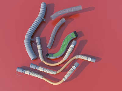 Flexible Hoses In Various Colors And Shapes Displayed On Red Background 3d model