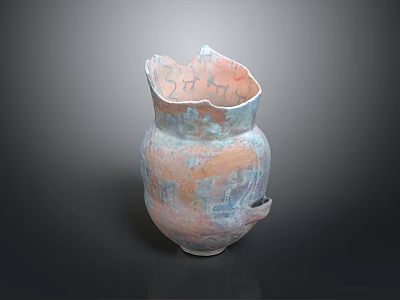 Ancient Pottery Jar Sculpture Carving With Red Brown And Blue Decorative Patterns And Side Handle 3d model