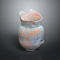 Ancient Pottery Jar Sculpture Carving With Red Brown And Blue Decorative Patterns And Side Handle