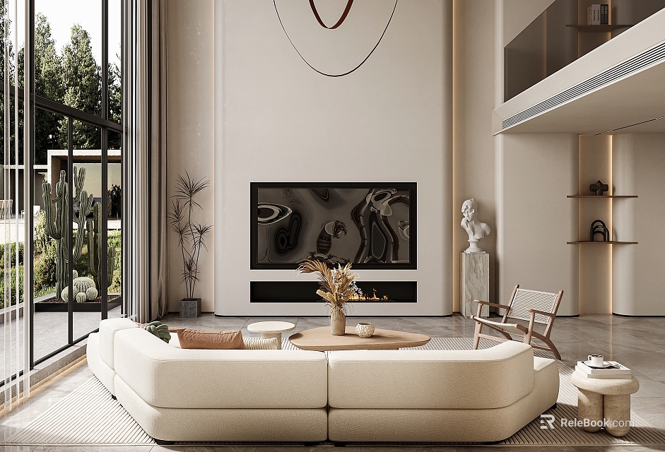 Modern Duplex Living Room Interior With Beige Sofa Sculpture And Floor to Ceiling Windows 3d model 