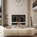 Modern Duplex Living Room Interior With Beige Sofa Sculpture And Floor to Ceiling Windows