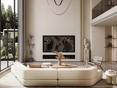 Modern Duplex Living Room Interior With Beige Sofa Sculpture And Floor to Ceiling Windows 3d model