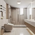 Modern Bathroom Interior Design With Glass Shower Enclosure Marble Countertop And Wooden Cabinets