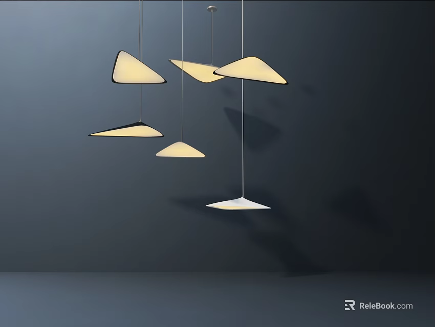 Modern Triangular Pendant Lights Hanging In Gray Background With Various Angles And Lighting Effects 3d model