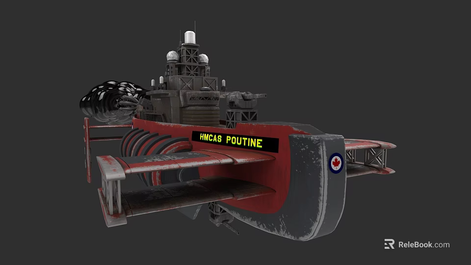 HMCS POUTINE Military Vessel With Red And Gray Hull And Deck Structure 3d model 