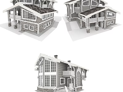 Detached Villa Exterior Design With Stone Wood Siding Gabled Roof Balcony And Large Windows 3d model
