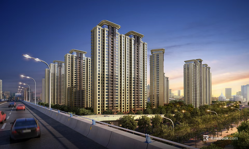Modern High Rise Residential Buildings with Greenery and Road at Sunset Near City Skyline 3d model 