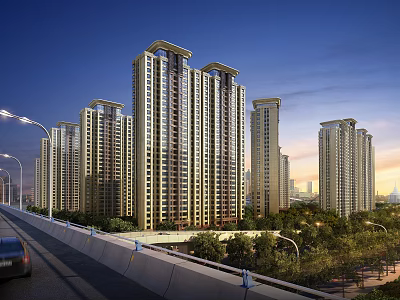 Modern High Rise Residential Buildings with Greenery and Road at Sunset Near City Skyline 3d model
