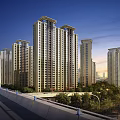 Modern High Rise Residential Buildings with Greenery and Road at Sunset Near City Skyline