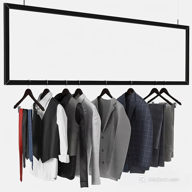 Minimalist Men's Clothing Collection Featuring Suits Shirts Vests And Ties On Black Hangers 3d model 