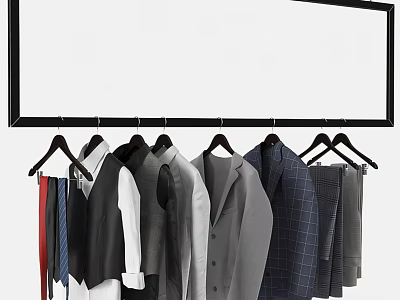 Minimalist Men's Clothing Collection Featuring Suits Shirts Vests And Ties On Black Hangers 3d model