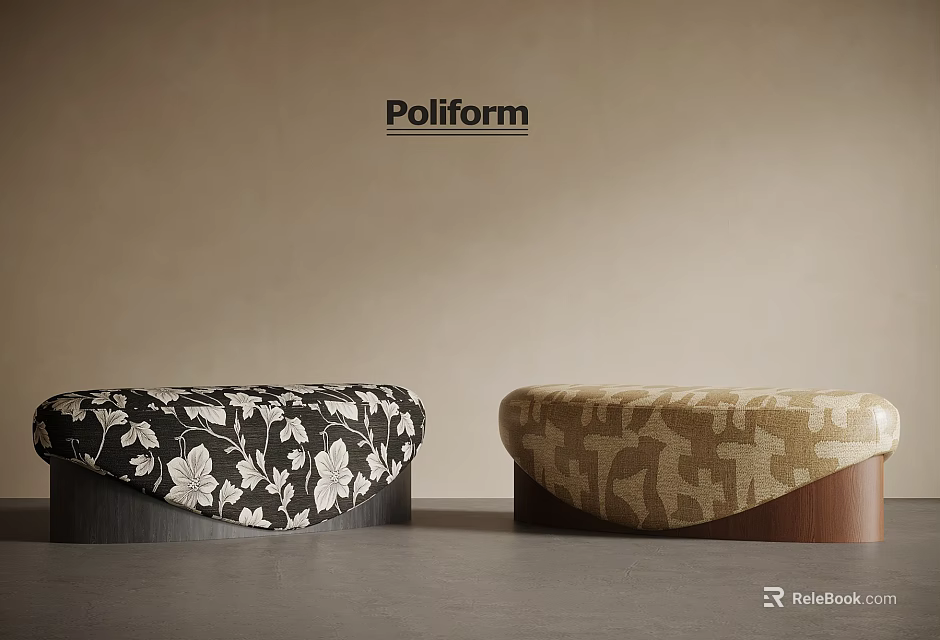 Poliform Sofa Stools With Black Floral And Beige Patterned Designs On Neutral Wall Grey Floor 3d model