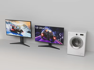 White Front Load Washing Machine with LG UltraGear Monitors in Modern Setup 3d model